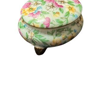 Vintage Floral Porcelain Jewelry Trinket Box With Lid & Gold Accents